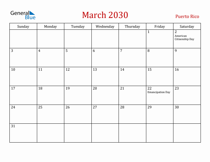 Puerto Rico March 2030 Calendar - Sunday Start