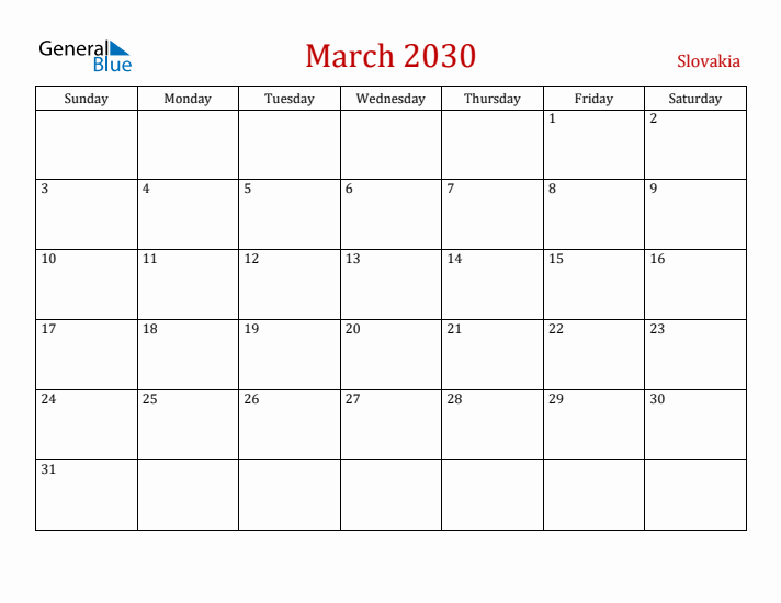 Slovakia March 2030 Calendar - Sunday Start