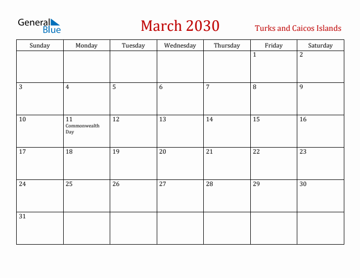Turks and Caicos Islands March 2030 Calendar - Sunday Start