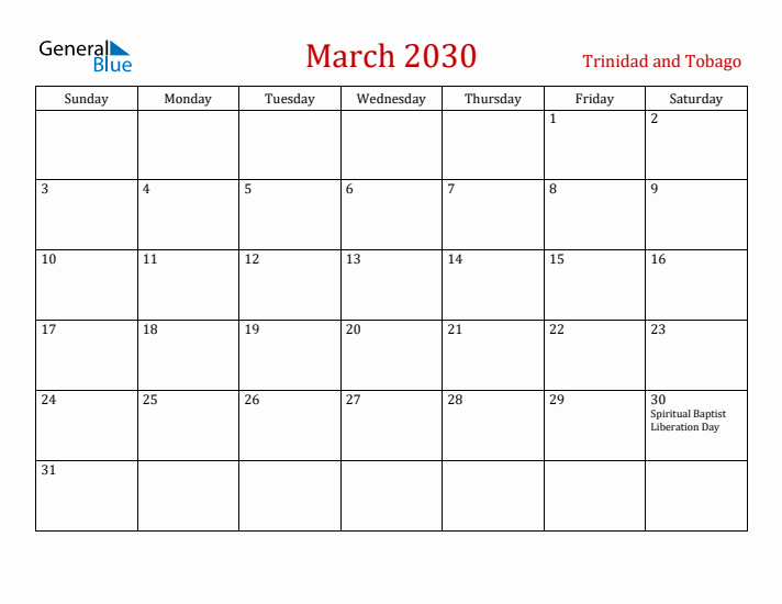 Trinidad and Tobago March 2030 Calendar - Sunday Start