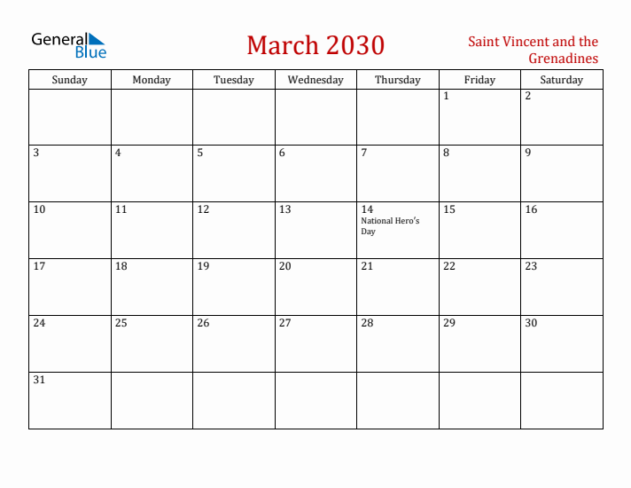 Saint Vincent and the Grenadines March 2030 Calendar - Sunday Start