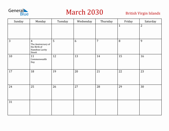 British Virgin Islands March 2030 Calendar - Sunday Start
