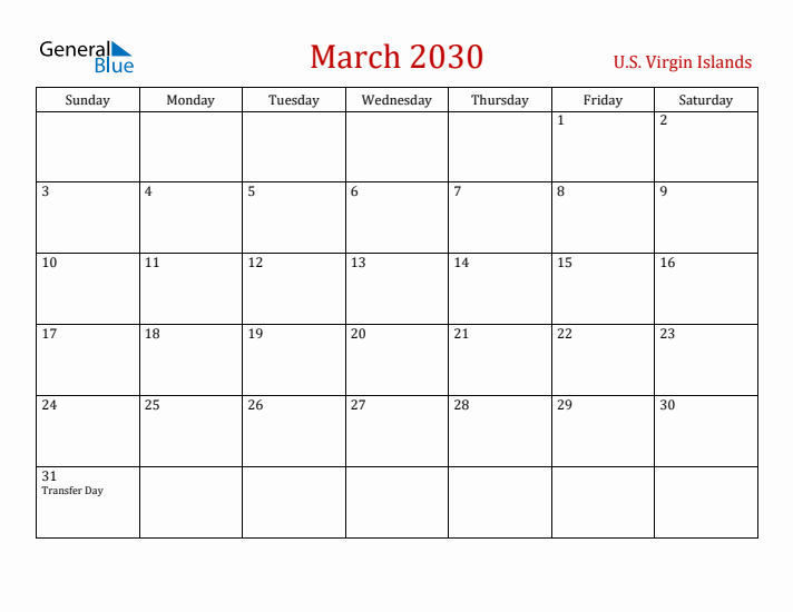 U.S. Virgin Islands March 2030 Calendar - Sunday Start