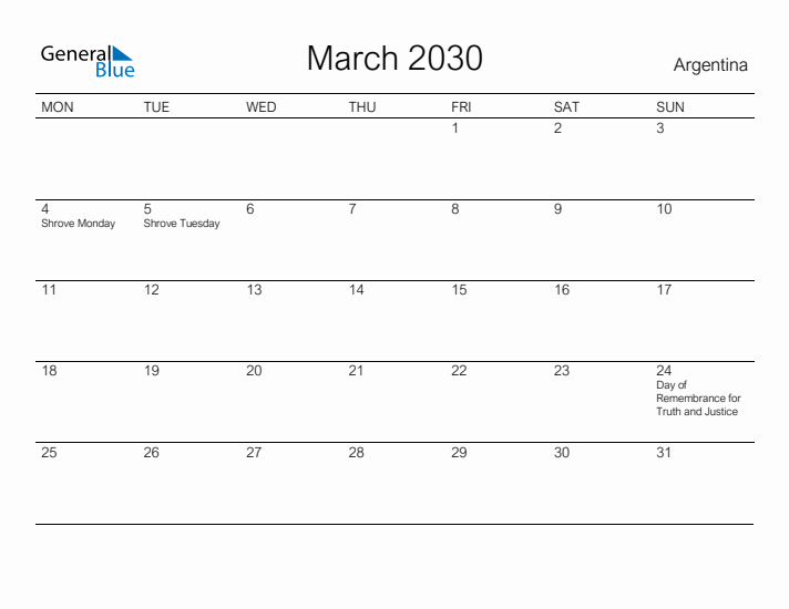 Printable March 2030 Calendar for Argentina