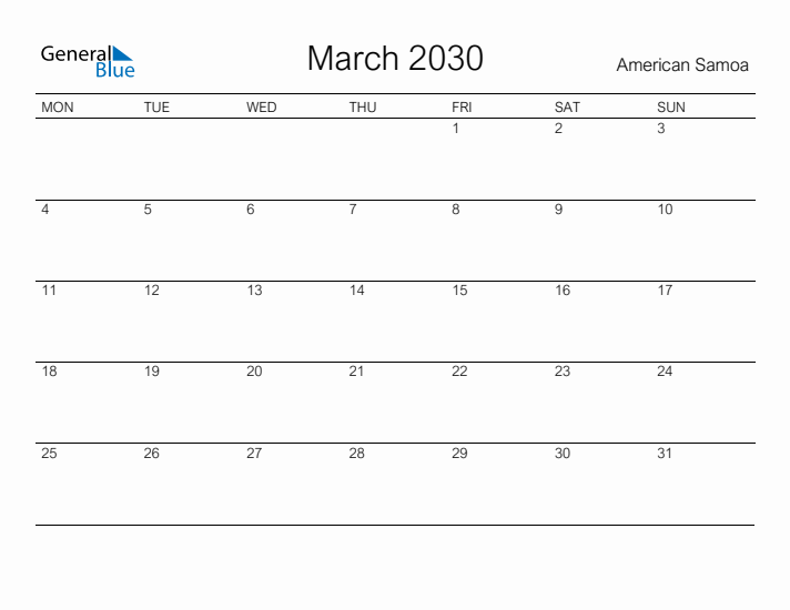 Printable March 2030 Calendar for American Samoa