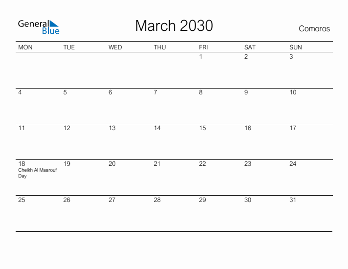 Printable March 2030 Calendar for Comoros