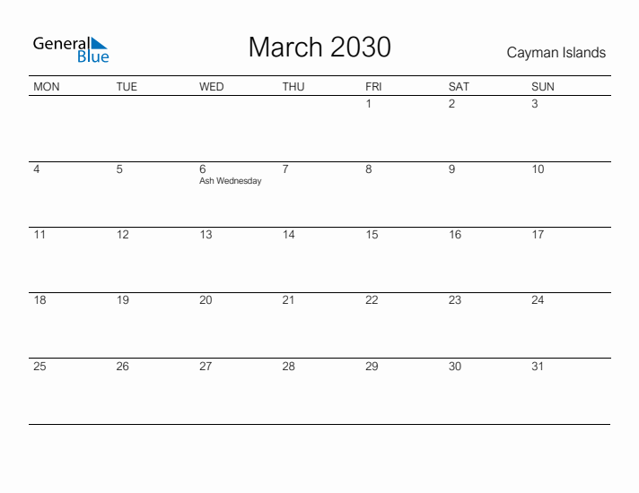 Printable March 2030 Calendar for Cayman Islands