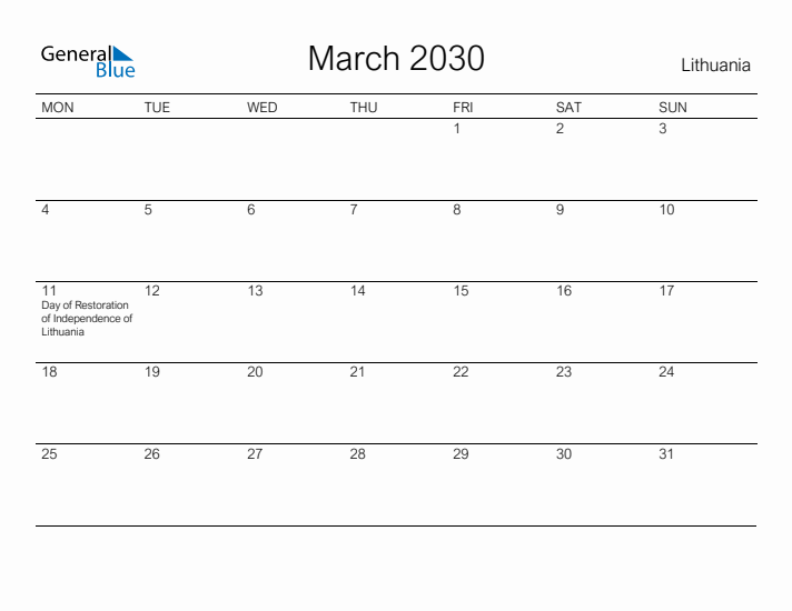 Printable March 2030 Calendar for Lithuania