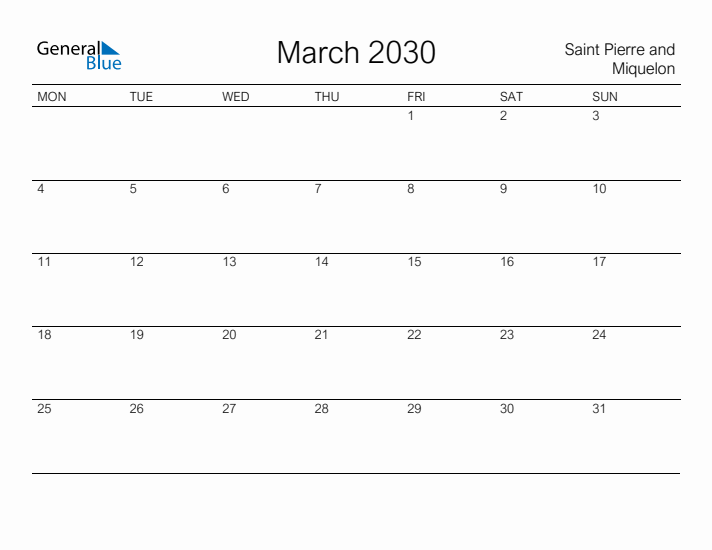 Printable March 2030 Calendar for Saint Pierre and Miquelon