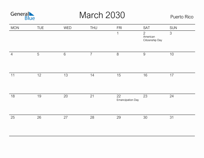 Printable March 2030 Calendar for Puerto Rico
