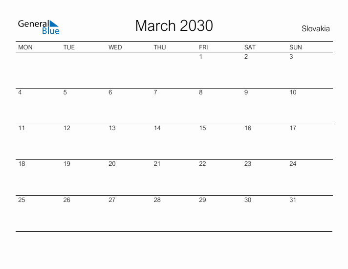 Printable March 2030 Calendar for Slovakia