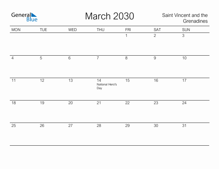 Printable March 2030 Calendar for Saint Vincent and the Grenadines