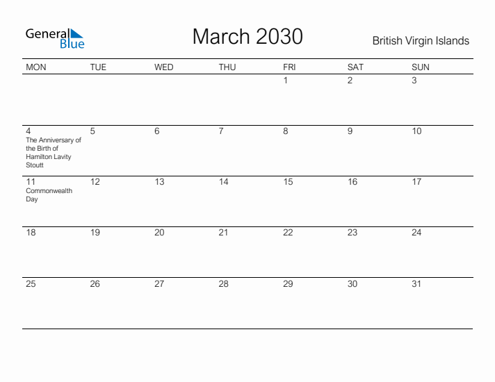 Printable March 2030 Calendar for British Virgin Islands