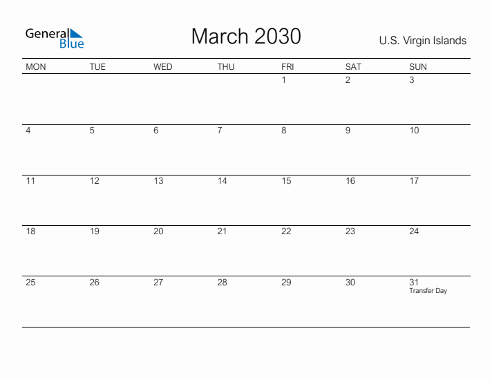 Printable March 2030 Calendar for U.S. Virgin Islands