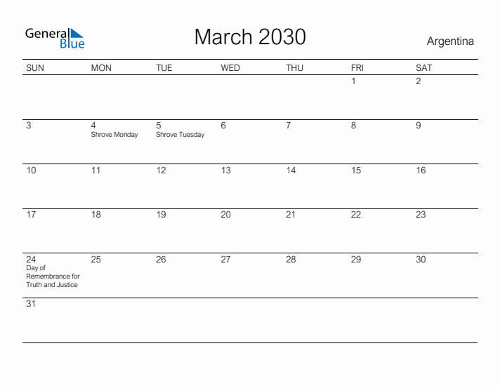 Printable March 2030 Calendar for Argentina