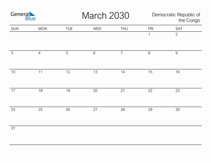 Printable March 2030 Calendar for Democratic Republic of the Congo