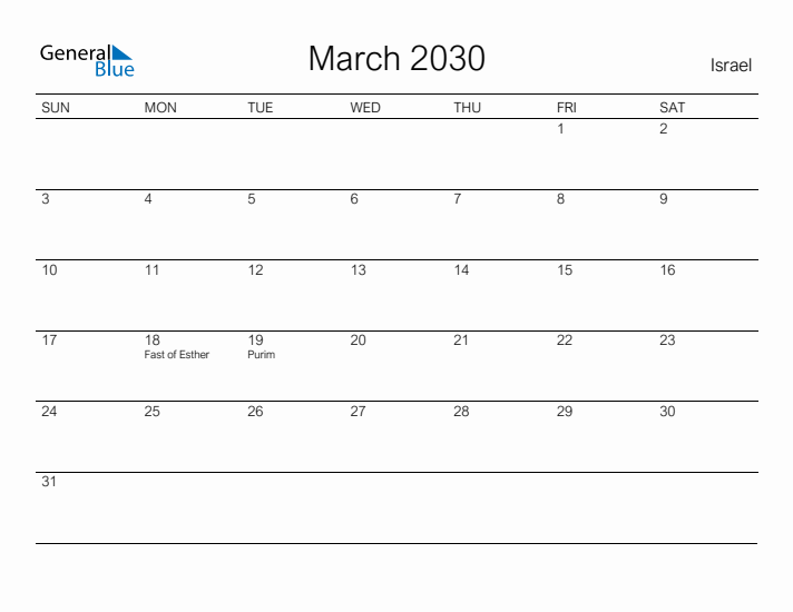 Printable March 2030 Calendar for Israel