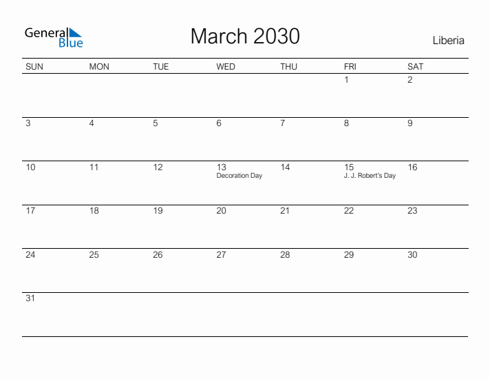 Printable March 2030 Calendar for Liberia
