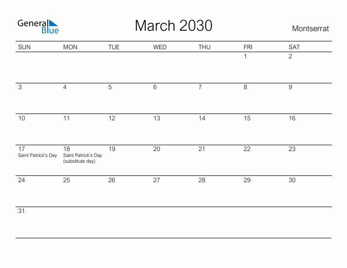 Printable March 2030 Calendar for Montserrat