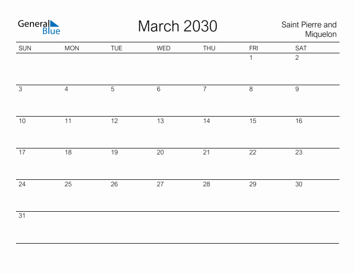 Printable March 2030 Calendar for Saint Pierre and Miquelon