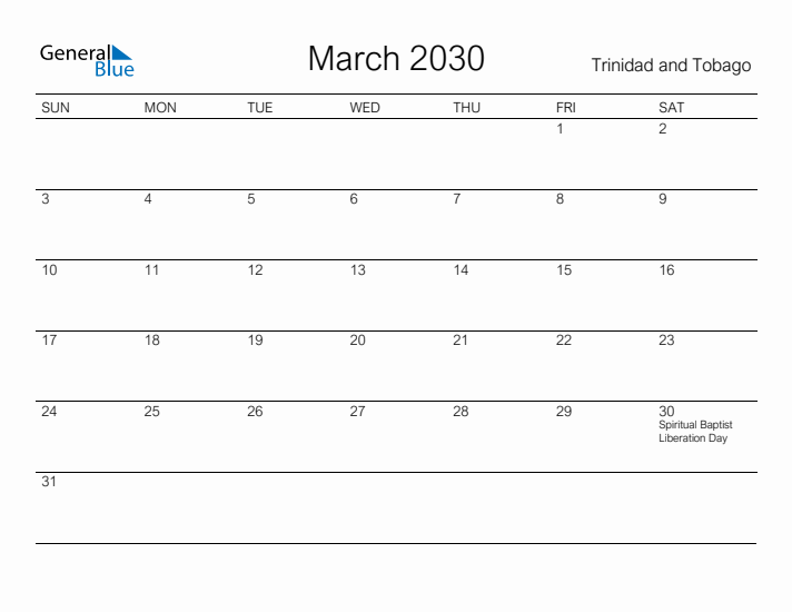 Printable March 2030 Calendar for Trinidad and Tobago
