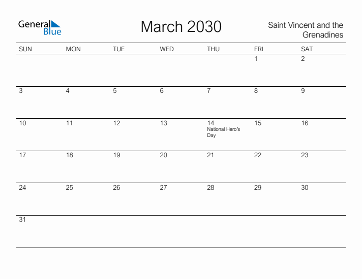 Printable March 2030 Calendar for Saint Vincent and the Grenadines