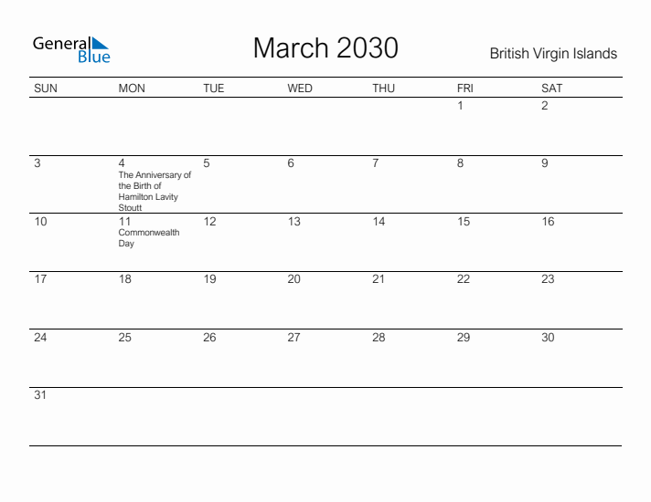 Printable March 2030 Calendar for British Virgin Islands
