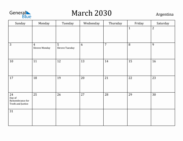 March 2030 Calendar Argentina