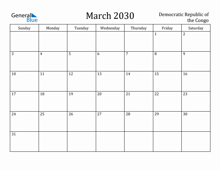 March 2030 Calendar Democratic Republic of the Congo