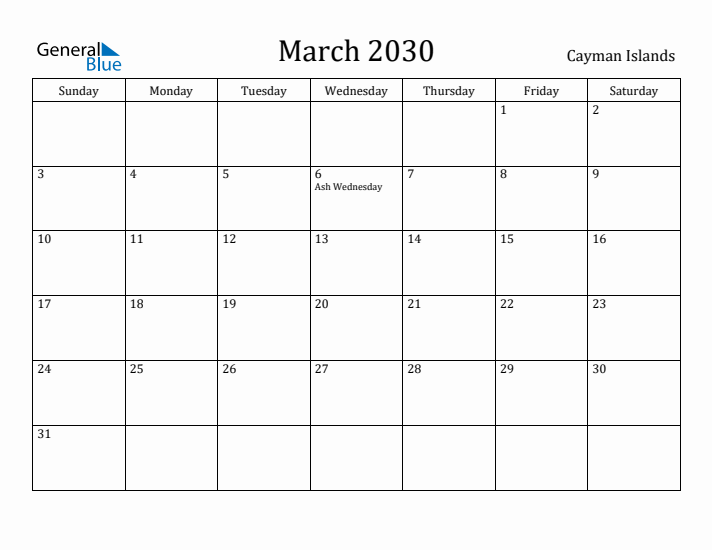 March 2030 Calendar Cayman Islands