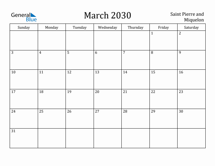 March 2030 Calendar Saint Pierre and Miquelon