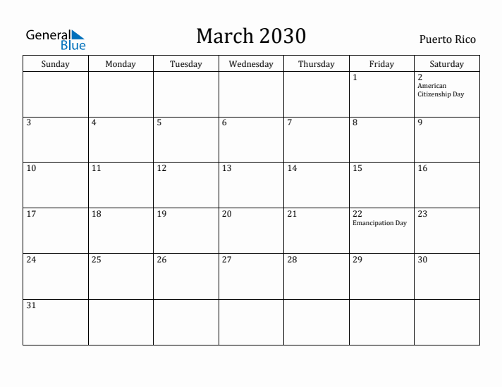 March 2030 Calendar Puerto Rico