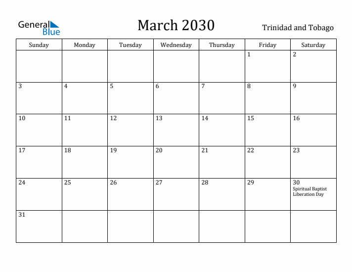 March 2030 Calendar Trinidad and Tobago