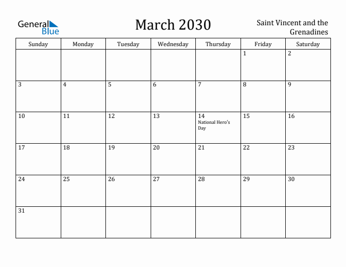 March 2030 Calendar Saint Vincent and the Grenadines