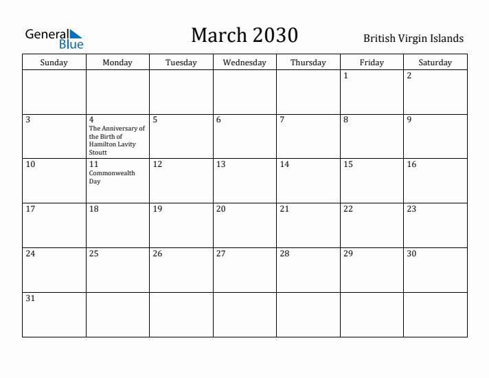 March 2030 Calendar British Virgin Islands
