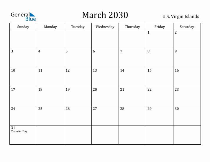 March 2030 Calendar U.S. Virgin Islands