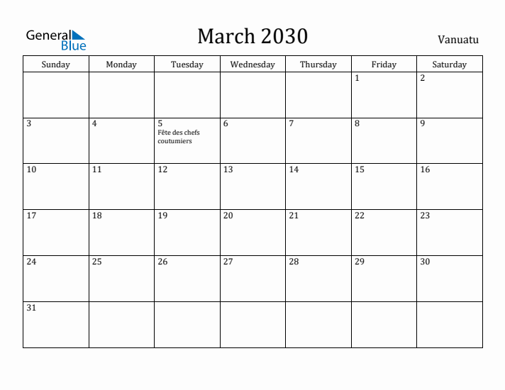 March 2030 Calendar Vanuatu
