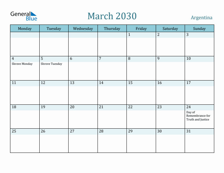 March 2030 Calendar with Holidays