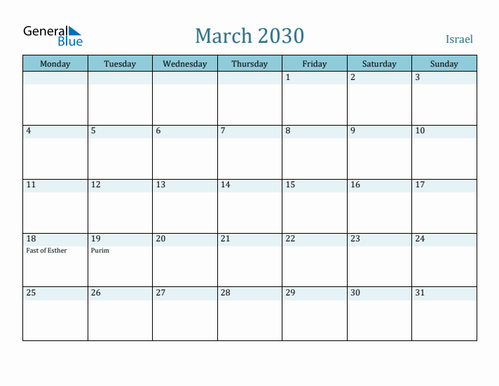 March 2030 Calendar with Holidays