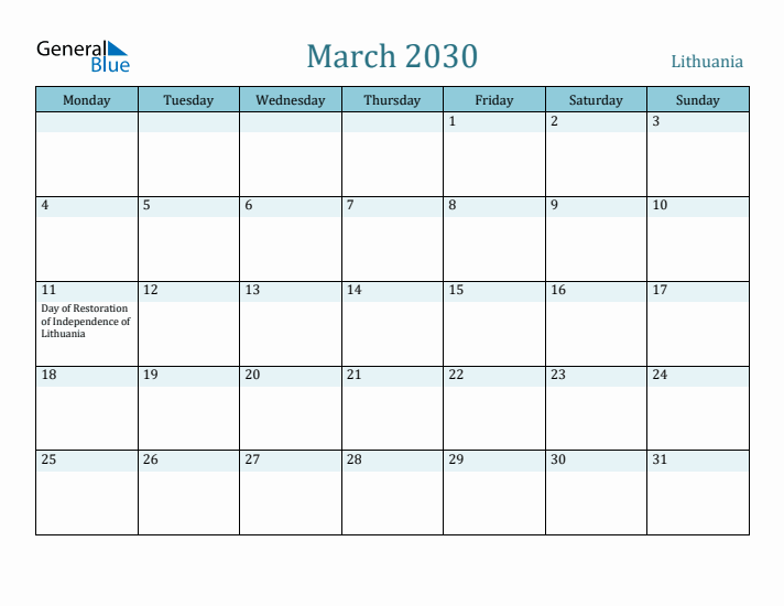 March 2030 Calendar with Holidays