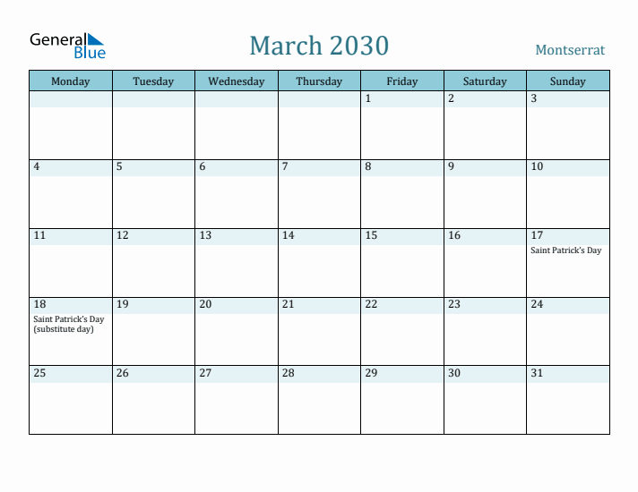 March 2030 Calendar with Holidays