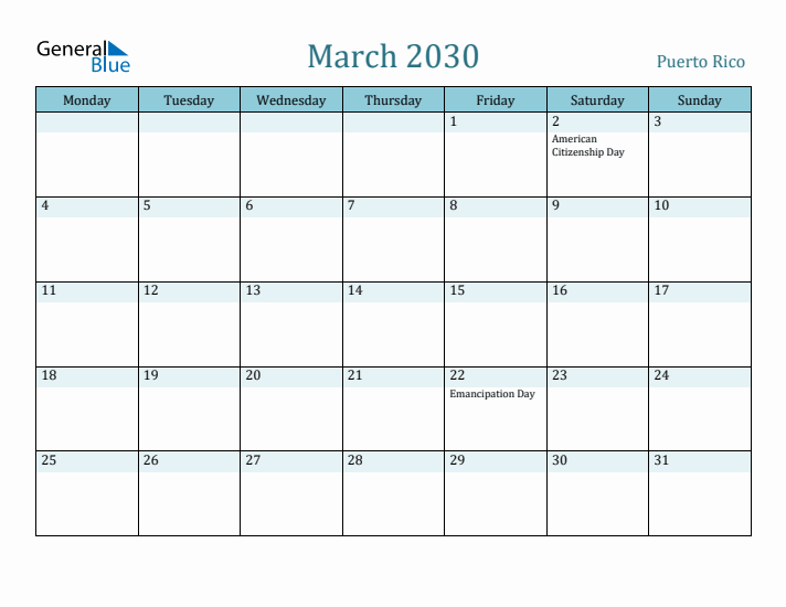 March 2030 Calendar with Holidays
