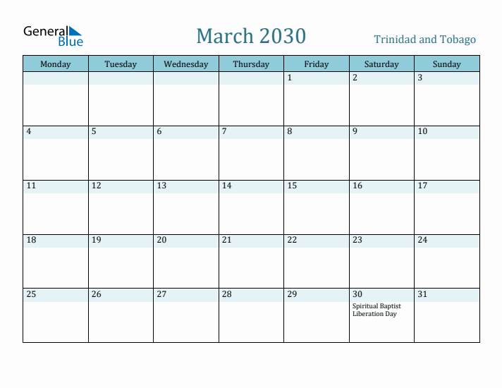 March 2030 Calendar with Holidays