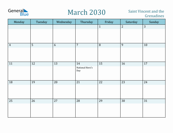 March 2030 Calendar with Holidays