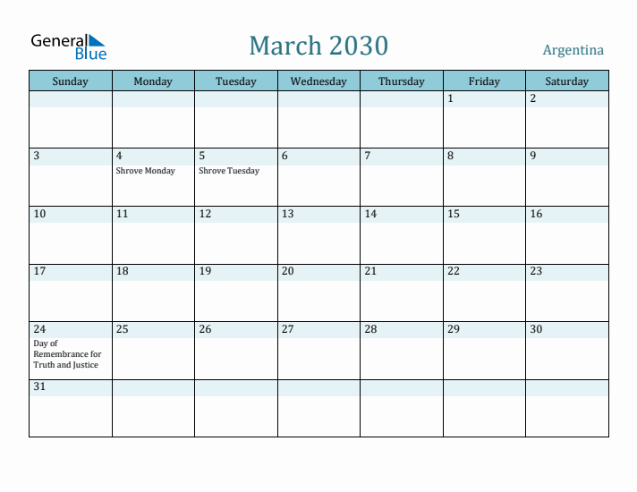 March 2030 Calendar with Holidays