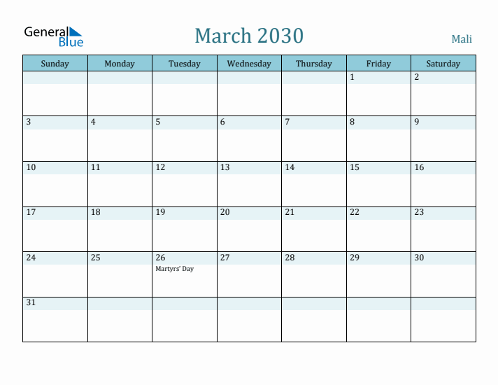 March 2030 Calendar with Holidays