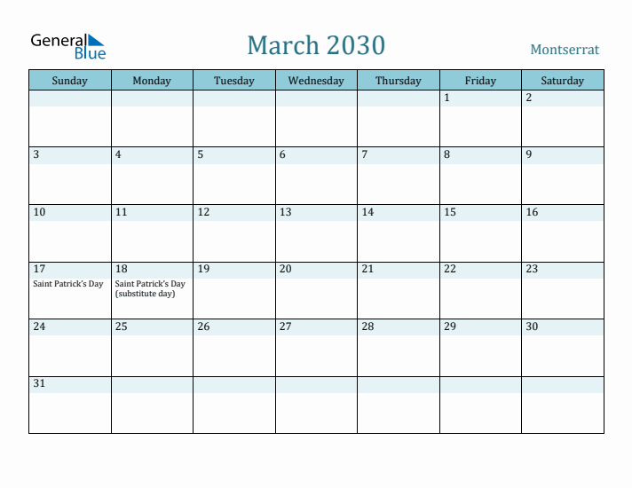 March 2030 Calendar with Holidays