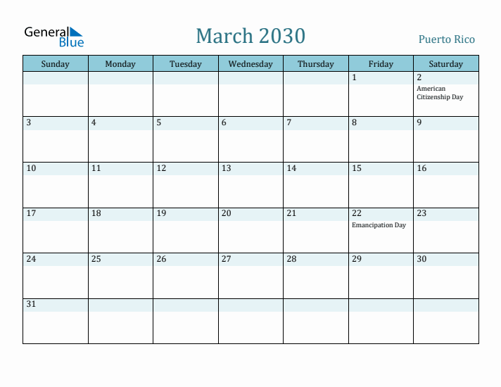 March 2030 Calendar with Holidays