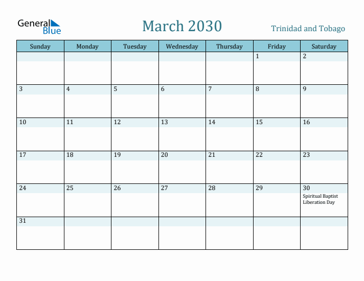 March 2030 Calendar with Holidays