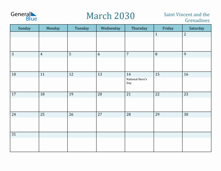 March 2030 Calendar with Holidays